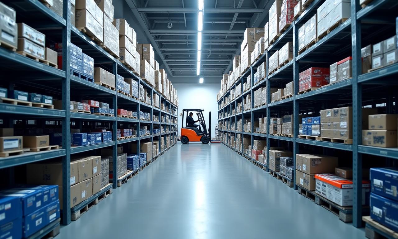 A modern, clean, and well-organized automotive parts warehouse