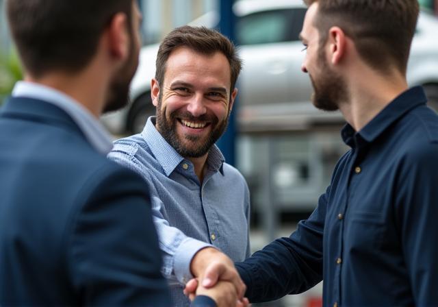 A friendly account manager shaking hands with a client in a garage setting
